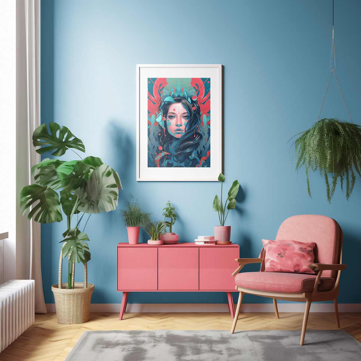 blue and pink illustrated poster, hanging framed on a wall in a modern living room